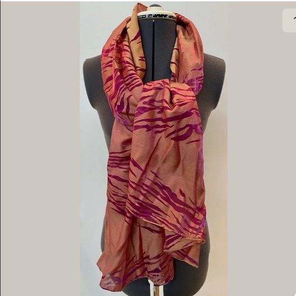 VINTAGE 1980s KOREAN SILKY ORGANZA LONG SCARF WRAP MAGENTA PURPLE GOLD ABSTRACT - Picture 1 of 6